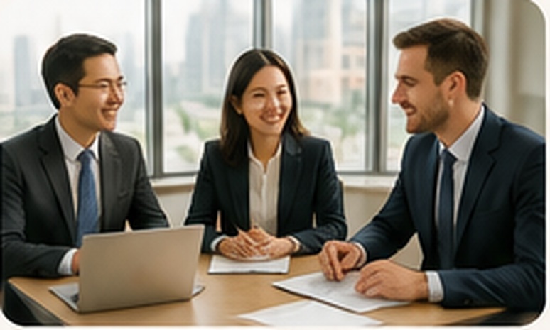 Drei Berufstätige sprechen gemeinsam über China in einem modernen Büro