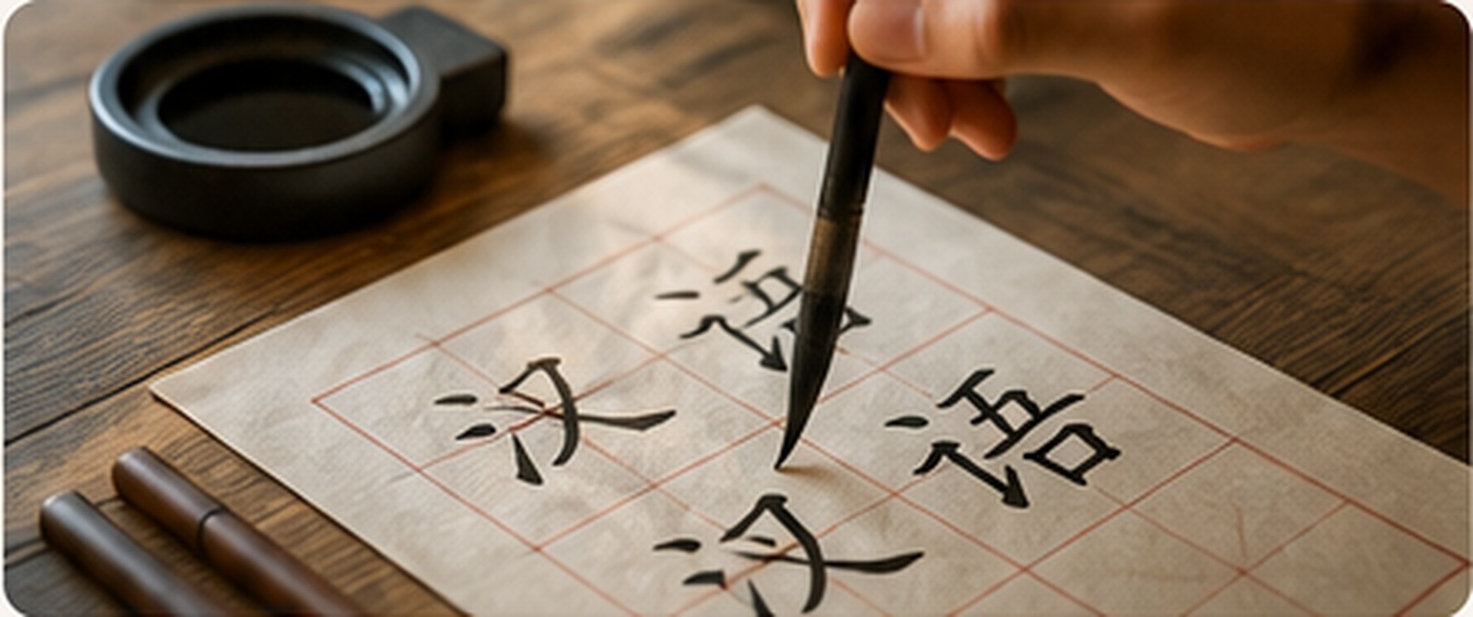 Hand schreibt chinesische Schriftzeichen mit einem Pinsel auf Reispapier