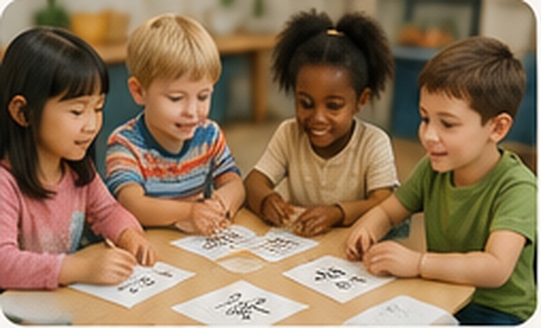 Kinder unterschiedlicher Herkunft lernen gemeinsam chinesische Schriftzeichen