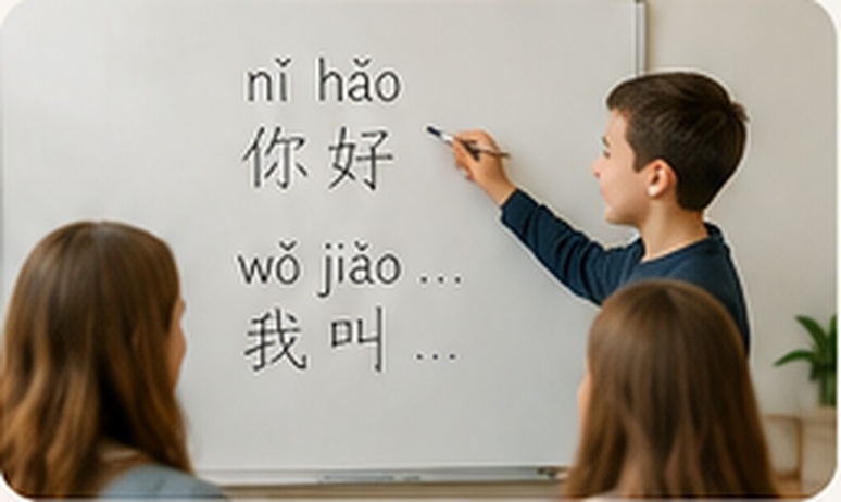 Jugendliche im Unterricht, ein Schüler schreibt Pinyin an ein Whiteboard